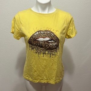 Shein Yellow T-shirt Teeth Lip Leopard Print Sz XL